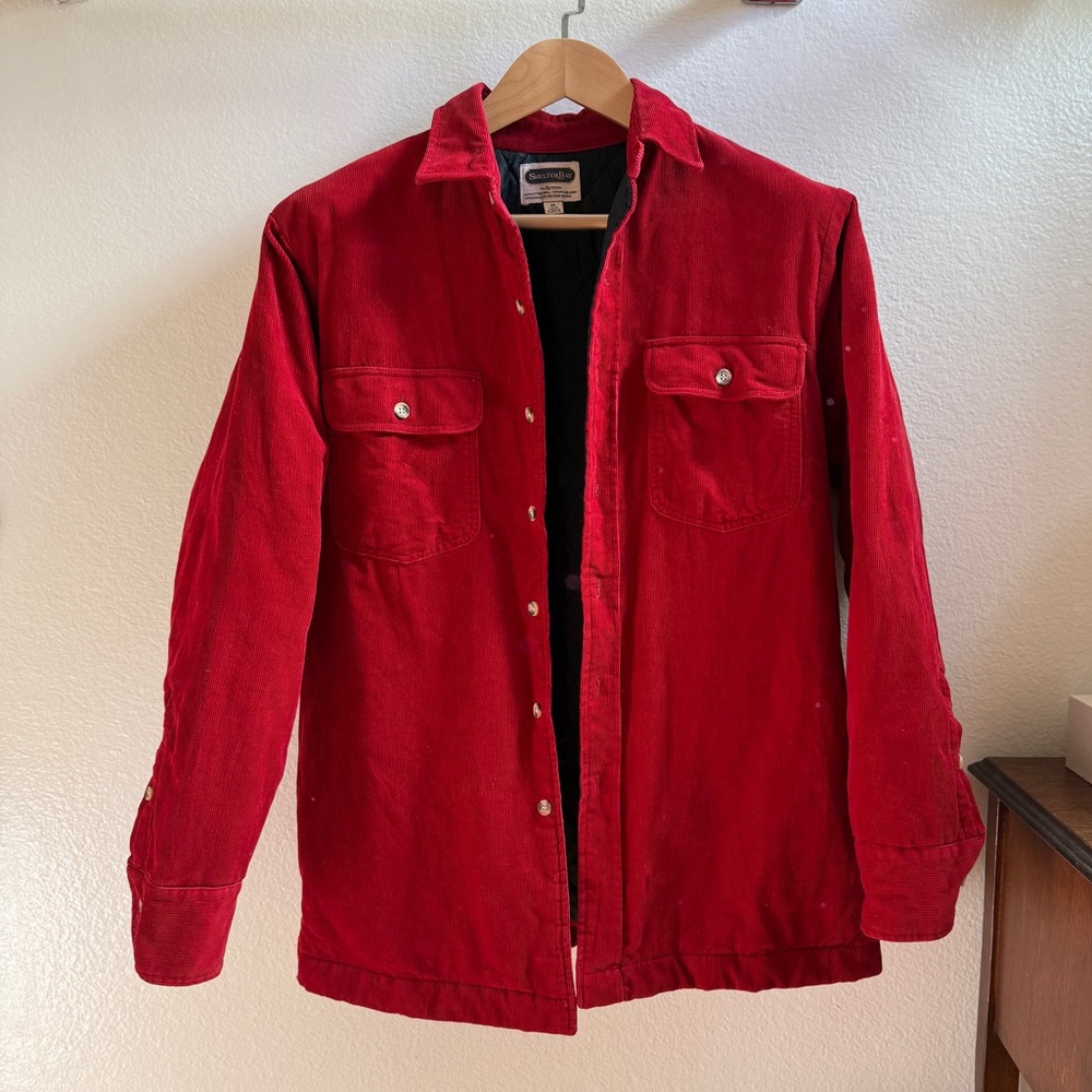 Vintage cherry red 100% cotton corduroy barn jacket w/ collar lined winter coat - Picture 3 of 8